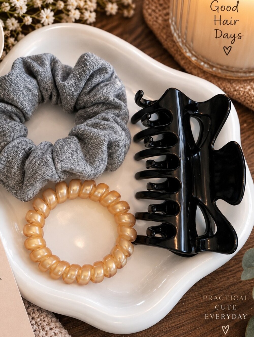 3-Piece Hair Accessory Set – Hair Claw Clip Srunchie Spiral Elastic New Neutral